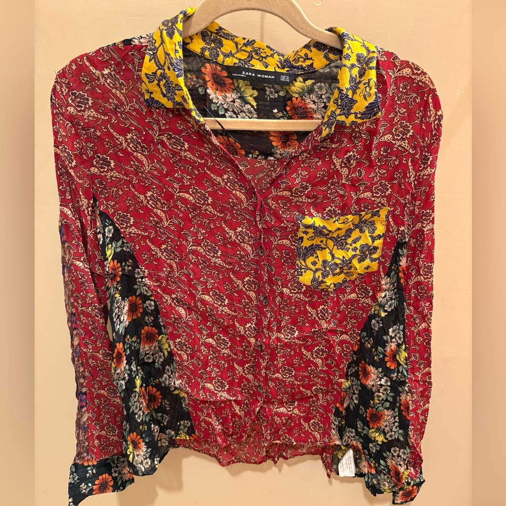 NWOT Zara Chiffon Patchwork Floral Paisley Blouse Women’s XL - Picture 2 of 9